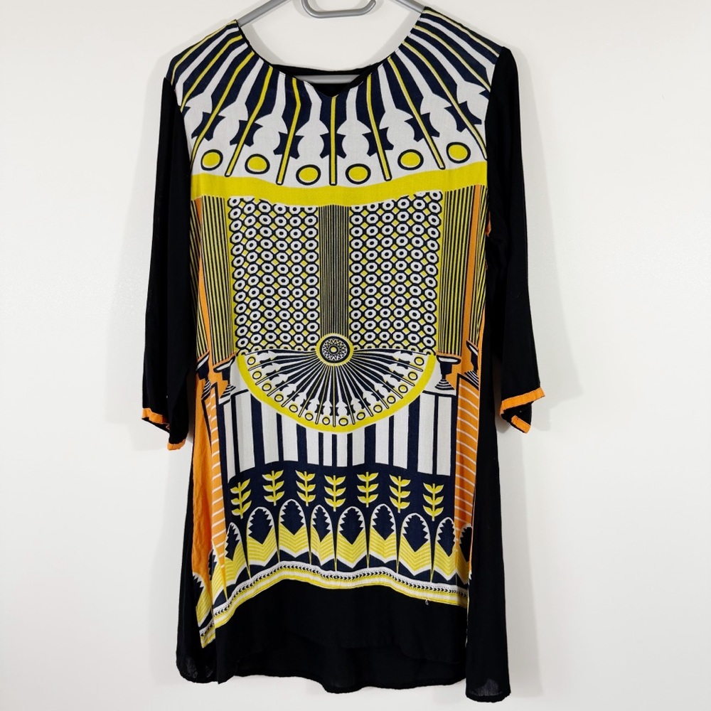 Masala Chai Indian Inspired Print Dress Black Yellow Orange Size L